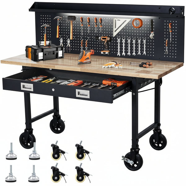 Work Bench 60" Adjustable Height, Heavy-Duty Portable Workbench with Power Outlets and Drawer for Garage & Workshop, 2000 LBS Load Capacity Large Pegboard, Work Table for Office, Home, Easy Assembly