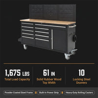 61-Inch Rolling Tool Chest, 10 Drawers Garage Workbench Storage Tool Cabinet with Power Strip, Solid Rubber Wood Top, 1675 LBS Load Mobile Workstation, Heavy Duty Rolling Cabinet — Results & Stats