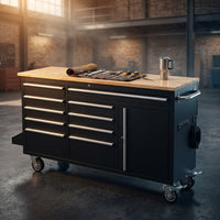 61-Inch Rolling Tool Chest, 10 Drawers Garage Workbench Storage Tool Cabinet with Power Strip, Solid Rubber Wood Top, 1675 LBS Load Mobile Workstation, Heavy Duty Rolling Cabinet — Studio Shot