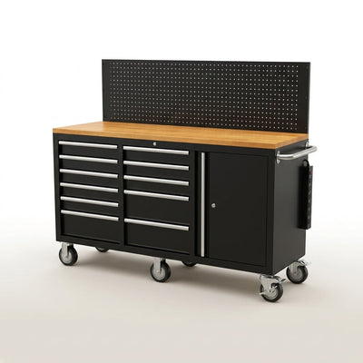 Rolling Tool Chest Built for Heavy-Duty Use, 10 Drawers, 1675 lb Capacity, Solid Rubber Wood Top, Power Strip