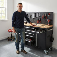 61-Inch Rolling Tool Chest, 10 Drawers Garage Workbench Storage Tool Cabinet with Power Strip, Solid Rubber Wood Top, 1675 LBS Load Mobile Workstation, Heavy Duty Rolling Cabinet — Lifestyle