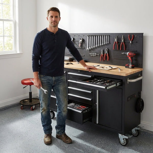 Rolling Tool Chest Built for Heavy-Duty Use, 10 Drawers, 1675 lb Capacity, Solid Rubber Wood Top, Power Strip