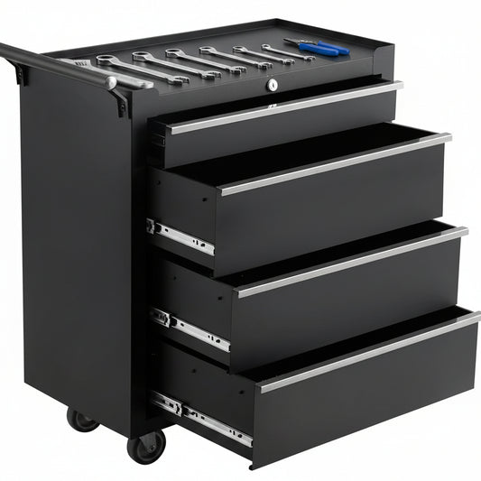 Heavy-Duty Rolling Tool Chest with 4 Lockable Drawers, Featuring a Sturdy Metal Cabinet and Smooth-Wheeling Mobility, Includes Protective Drawer Liners for Secure Storage