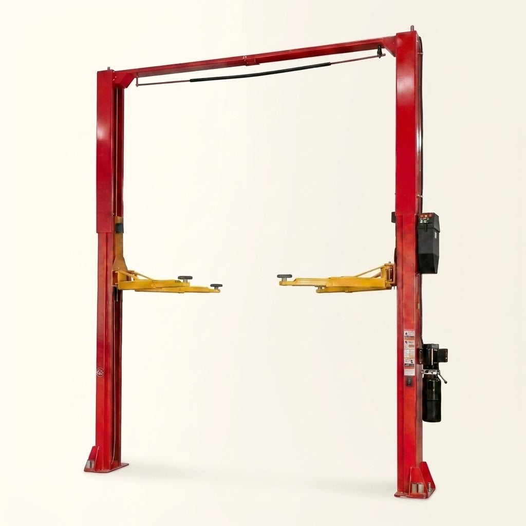 Two Post Car Lift Built to Handle 12,000 Lbs, Extra Height 167 Inch, Synchronized Hydraulic Drive, Red — Studio Shot