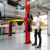 Two Post Car Lift Built to Handle 12,000 Lbs, Extra Height 167 Inch, Synchronized Hydraulic Drive, Red — Lifestyle