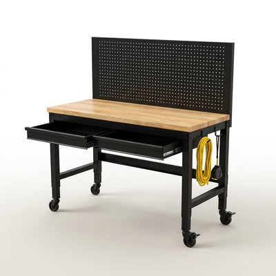 Adjustable Height Workbench Built for Heavy-Duty Use, 48 Inch Solid Wood Top, 2000 lb Capacity, Power Outlets