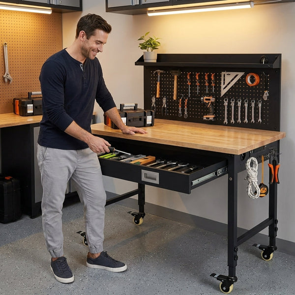 Adjustable Height Workbench Built for Heavy-Duty Use, 48 Inch Solid Wood Top, 2000 lb Capacity, Power Outlets